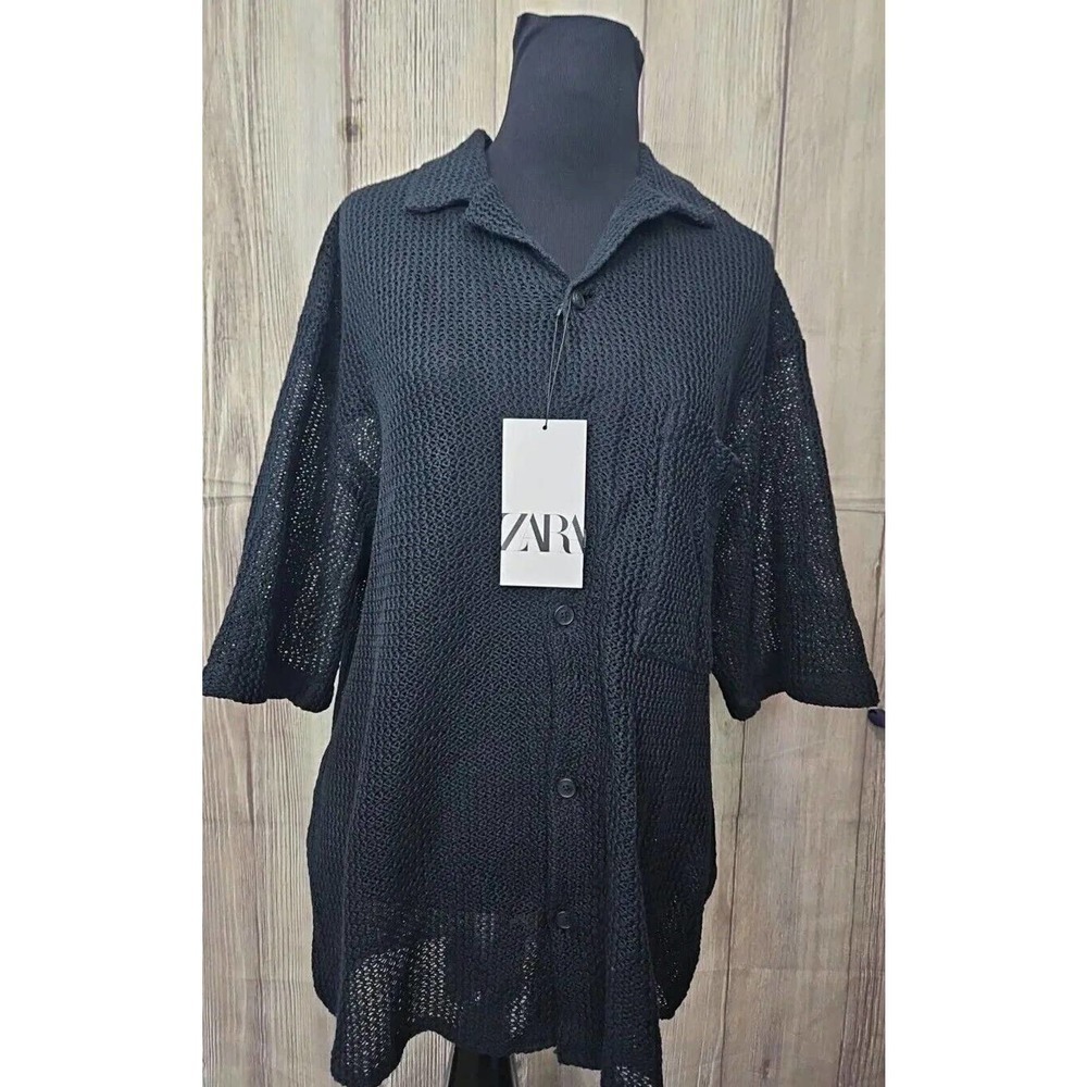 Zara Women's Black Button Down Top See Through Relaxed Fit Shirt Sz M